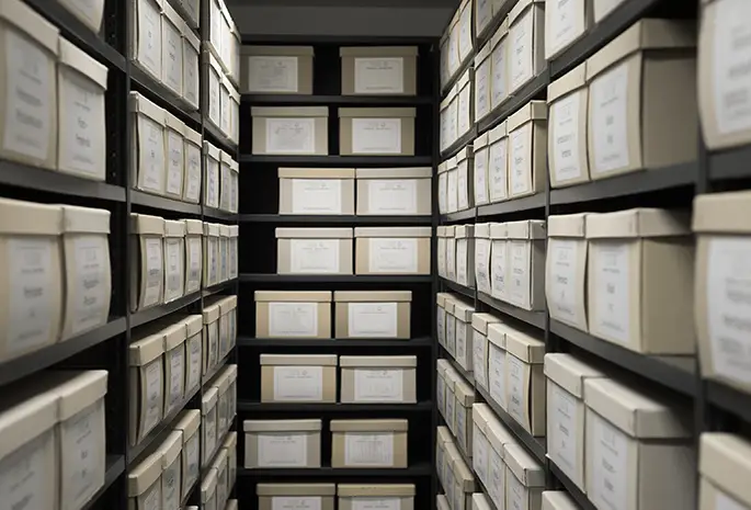 Indoor storage details in a manufacturing enterprise, black shelves with white office boxes - central il