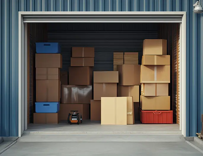 Open storage unit filled with cardboard boxes, furniture, other things - central il